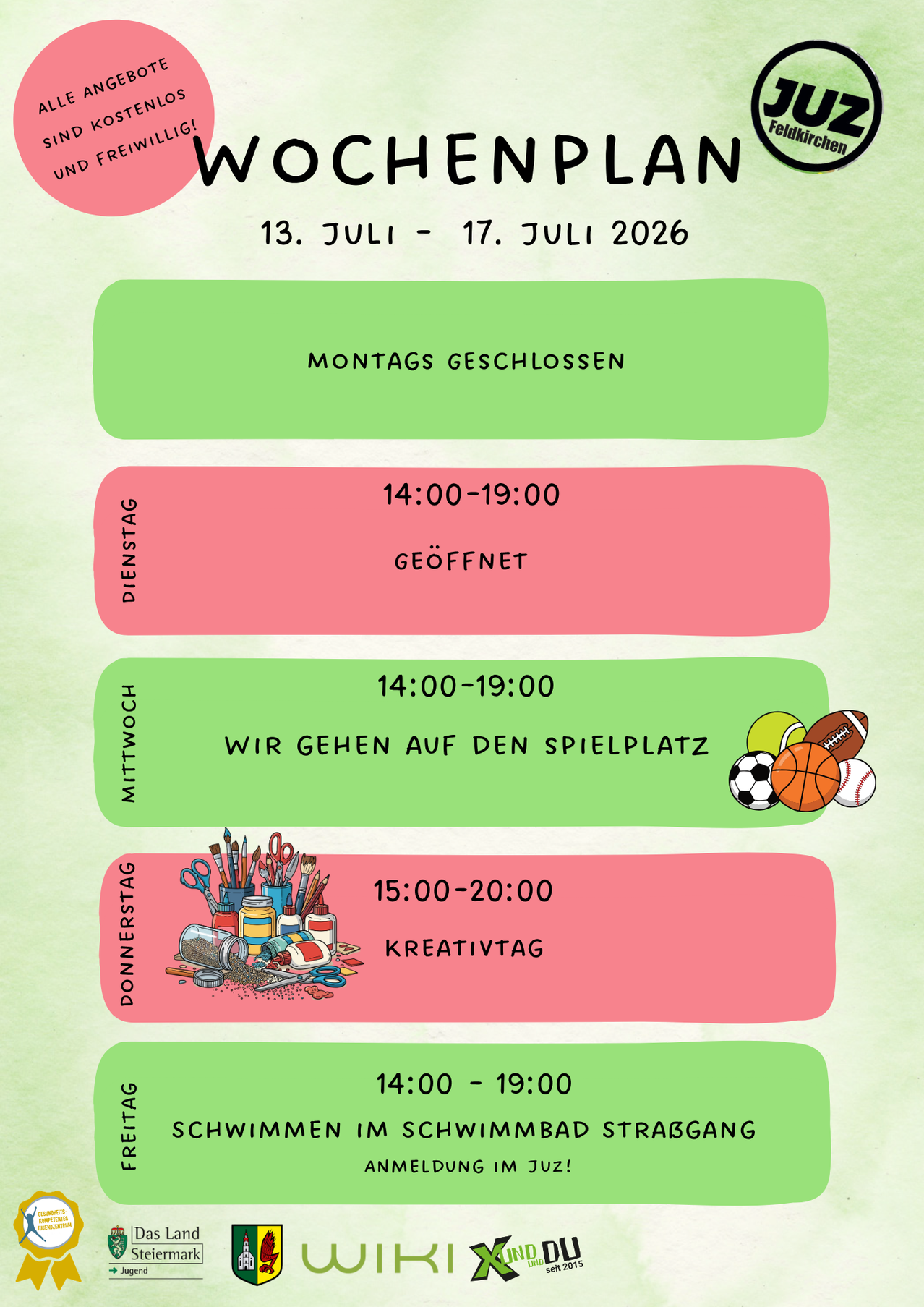 A schedule for July 13 to 17, 2026. Monday is closed. Tuesday to Friday, 14:00 to 19:00. Wednesday, sports activities. Thursday, creativity. Friday, 14:00 to 19:00.