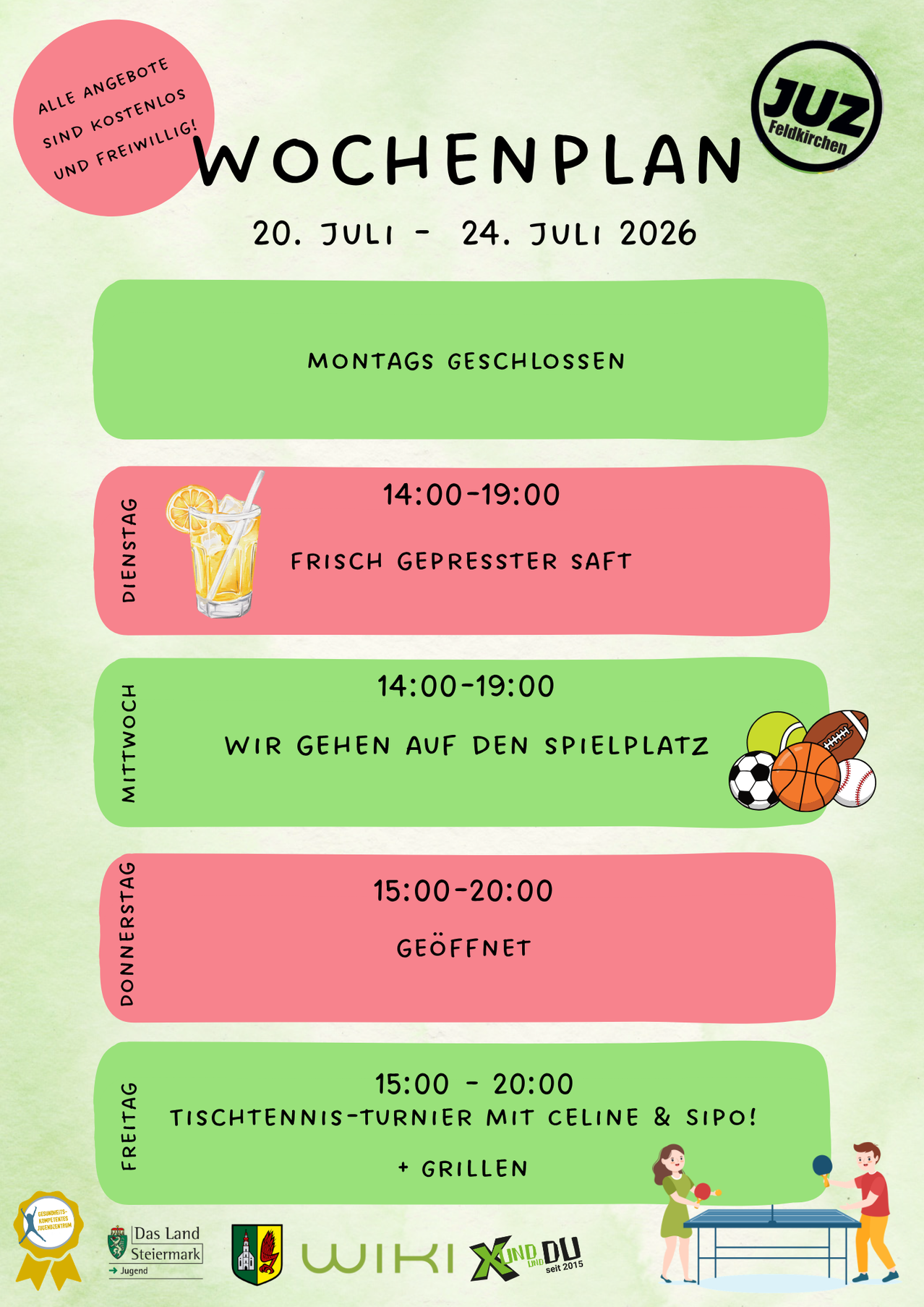 A schedule from July 20 to July 24, 2026, with activities like fresh pressed juice, sports on the playground, and a tissue tennis tournament.