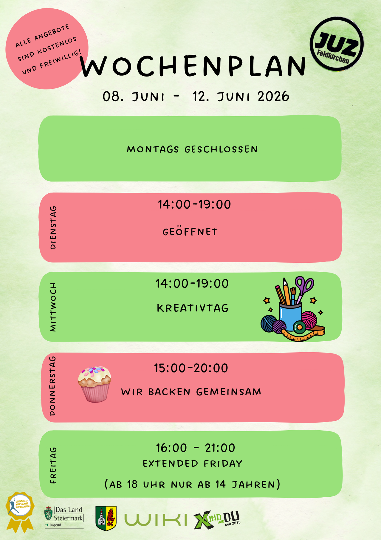 From June 8 to June 12, 2026. Mondays are closed. Tuesday is open from 2 to 7 PM. Wednesday is a creative day. Thursday is baking day from 3 to 8 PM. Friday is open from 4 to 9 PM.