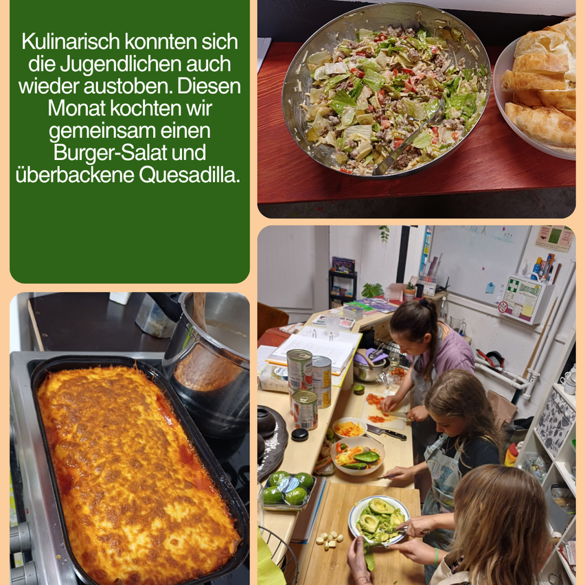 A collage of kitchen activities shows a salad, young people cooking, and a lasagne being prepared. The caption reads that young people can also try their hand at cooking.