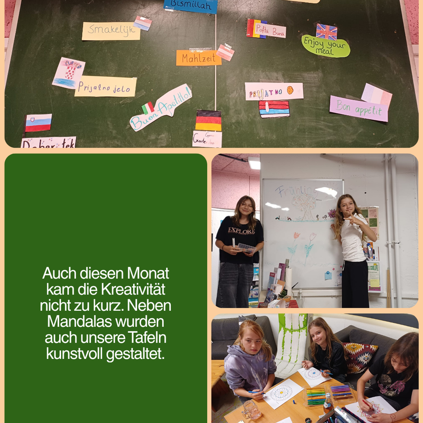 An image shows a collage of photos from a school activity. The top image features a blackboard with various flags and multilingual signs. The bottom two images depict students engaged in artistic activities, one painting on a whiteboard and the other creating mandalas.