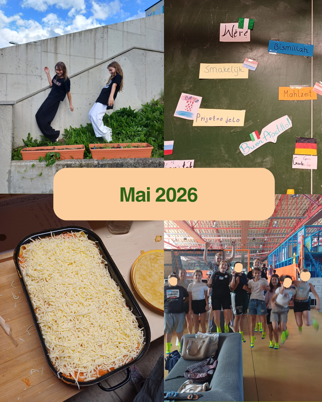 Images show a garden with two girls, a cheese dish, and a group of children celebrating in an indoor play area. The top left corner has a woman climbing a wall. The middle section features a collage with text and flags. Below is a dish topped with cheese. The bottom right shows a group of kids jumping and cheering.