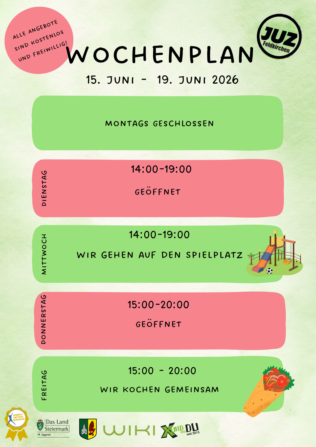 Vom 15. Juni bis 19. Juni 2026 ist die Einrichtung montags geschlossen. Dienstags, mittwochs und donnerstags von 14:00 bis 19:00 Uhr geöffnet. Freitags von 15:00 bis 20:00 Uhr geöffnet.