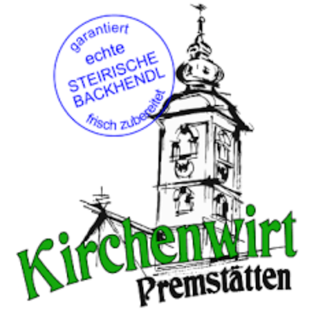 Das Bild zeigt ein Logo für 'Kirchenwirt Premstatten'. Es enthält einen stilisierten Turm mit einem Dachreiter, Fenstern und einer Tür. Das Logo ist in grünen und blauen Farben gehalten, mit einem blauen Kreis darum, der die Worte 'garantiert echte Steirische Backhendl' enthält. Es ist auf einem weißen Hintergrund gedruckt.