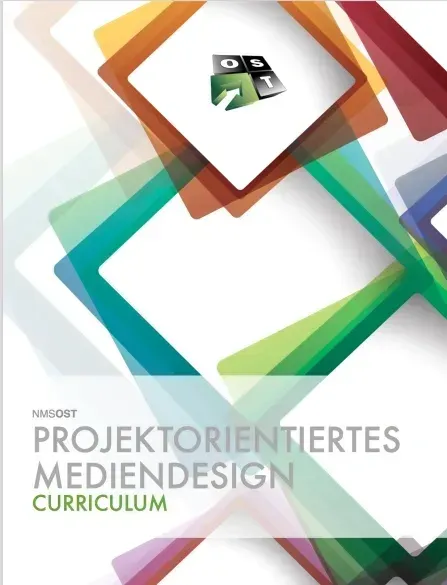 Ein farbenfrohes abstraktes Design mit dem OS T Logo in der Mitte, das einen lebendigen Hintergrund mit verschiedenen Formen und Farben aufweist. Unter dem Logo steht der Text 'NMSOST projektorientiertes Mediendesign Curriculum'.
