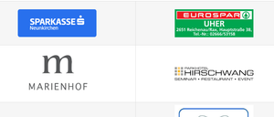 Ein Bild mit Logos verschiedener Unternehmen und Organisationen, darunter SPARKASSE, EUROSPAR, MARIENHOF, SCHARFEGGER, expect more, RAXALPERN RESORT und RAIFFEISEN Region Wiener Alpen.