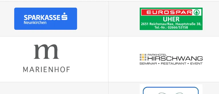 Ein Bild mit Logos verschiedener Unternehmen und Organisationen, darunter SPARKASSE, EUROSPAR, MARIENHOF, SCHARFEGGER, expect more, RAXALPERN RESORT und RAIFFEISEN Region Wiener Alpen.