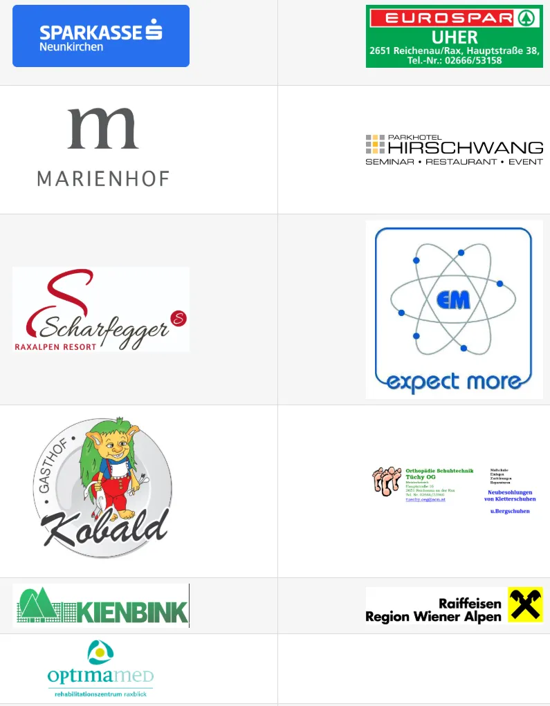 Verschiedene Logos werden angezeigt: Marienhof, Scharfegger Resort, Gasthof Kobwald, Kienbink, Parkhotel Hirschwang und Raiffeisen Region Wiener Alpen.