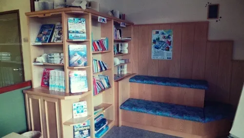 Ein kleiner Raum mit Holzwänden, Regalen voller Bücher und einer Holzbank mit blauen Kissen. Ein gerahmtes Bild ist an der Wand.