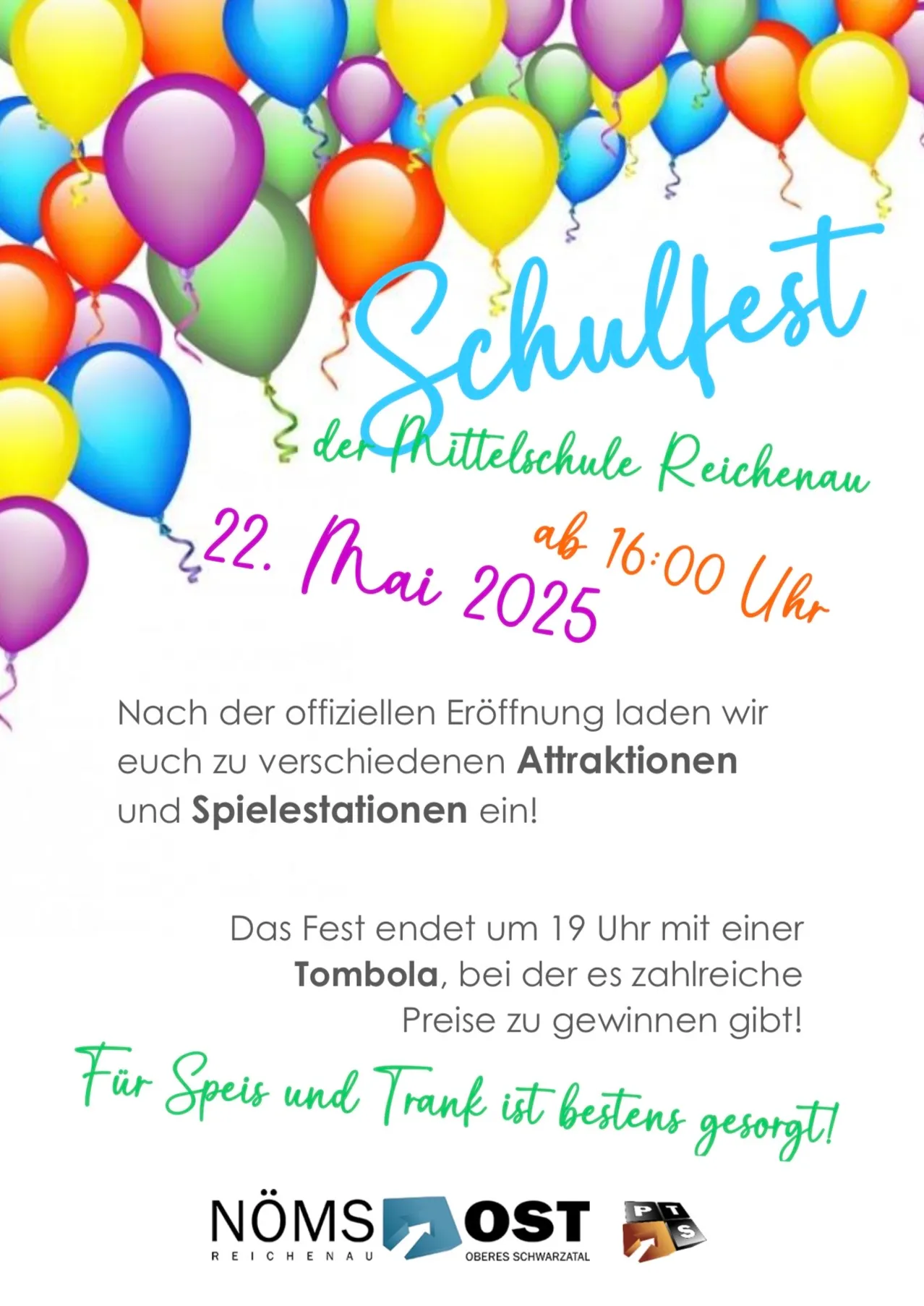 Schulfest-Veranstaltungsposter mit Luftballons, Veranstaltungsdatum 22. Mai 2025 um 16 Uhr, Einladung zu Attraktionen und Spielstationen, endet um 19 Uhr mit einer Tombola, Essen und Getränke inklusive.