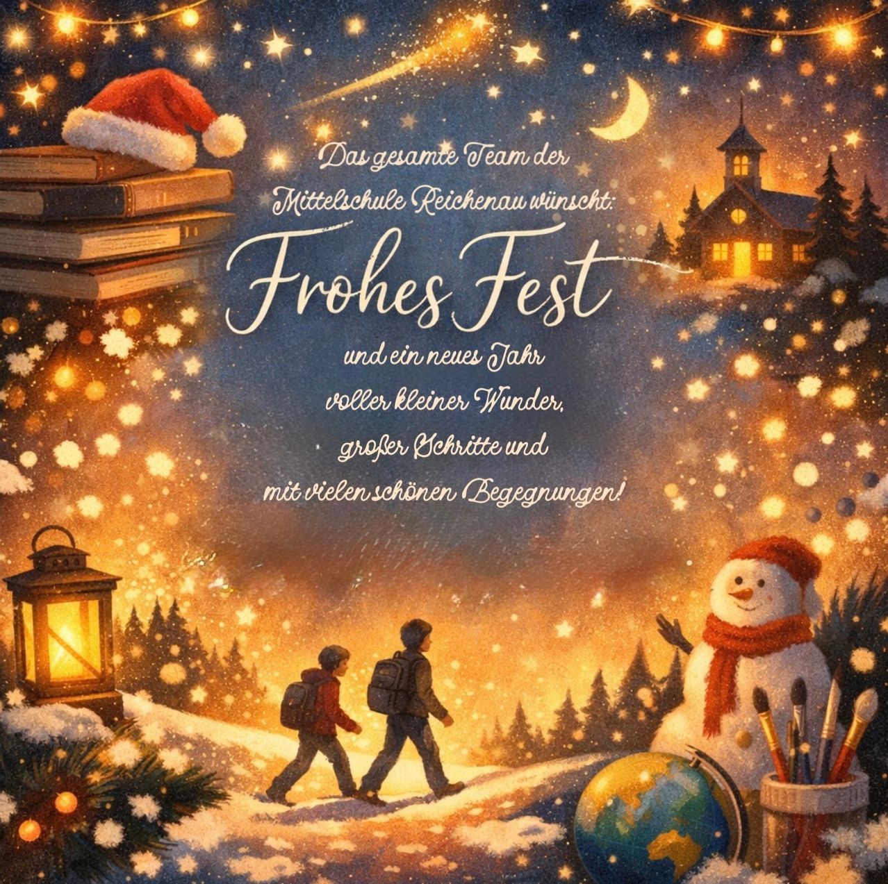 Ein festlicher Grußkarte zeigt zwei Kinder, die im Schnee gehen, einen Schneemann und eine Laterne. Oben ziert eine Weihnachtsmütze einen Stapel Bücher, während eine Kirche und Sterne den Hintergrund schmücken. Der Text wünscht eine frohe Feiertagszeit und ein neues Jahr voller Wunder.