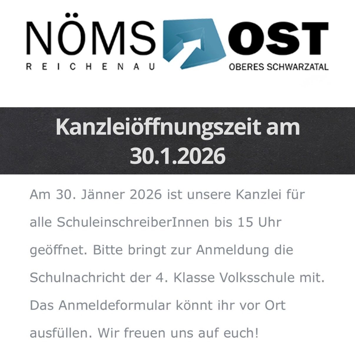 Das Bild zeigt die Ankündigung einer deutschen Anwaltskanzlei für die Eröffnung eines Büros am 30. Januar 2026. Das Büro wird für Schulbewerber bis 15 Uhr geöffnet sein. Bewerber sollten ihren 4. Klassenbericht der Grundschule mitbringen. Das Anmeldeformular kann vor Ort ausgefüllt werden. Die Kanzlei freut sich auf Sie!