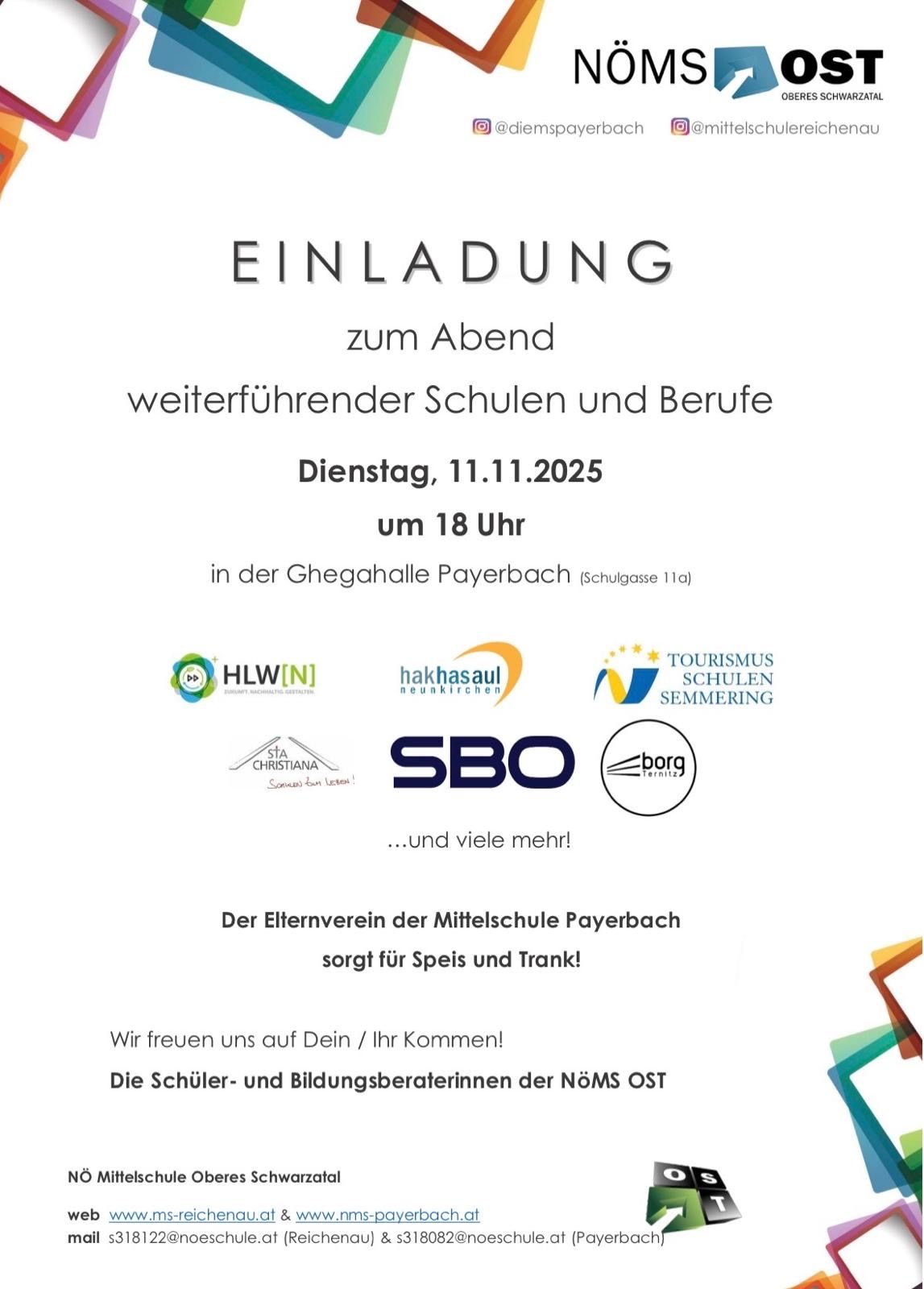 Einladung zum Abend für weiterführende Schulen und Berufe am Dienstag, 11.11.2025 um 18 Uhr in der Gheghalle Payerbach. Gehostet vom Elternverein der Mittelschule Payerbach. Wir freuen uns auf Ihren Besuch!