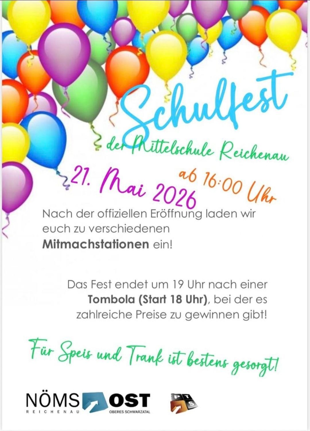 Plakat für Schulfest an der Mittelschule Reichenau am 21. Mai 2026 ab 16:00 Uhr. Teilnahme an Aktivitäten und einer Tombola mit Preisen. Das Fest endet um 19 Uhr, mit Essen und Getränken.