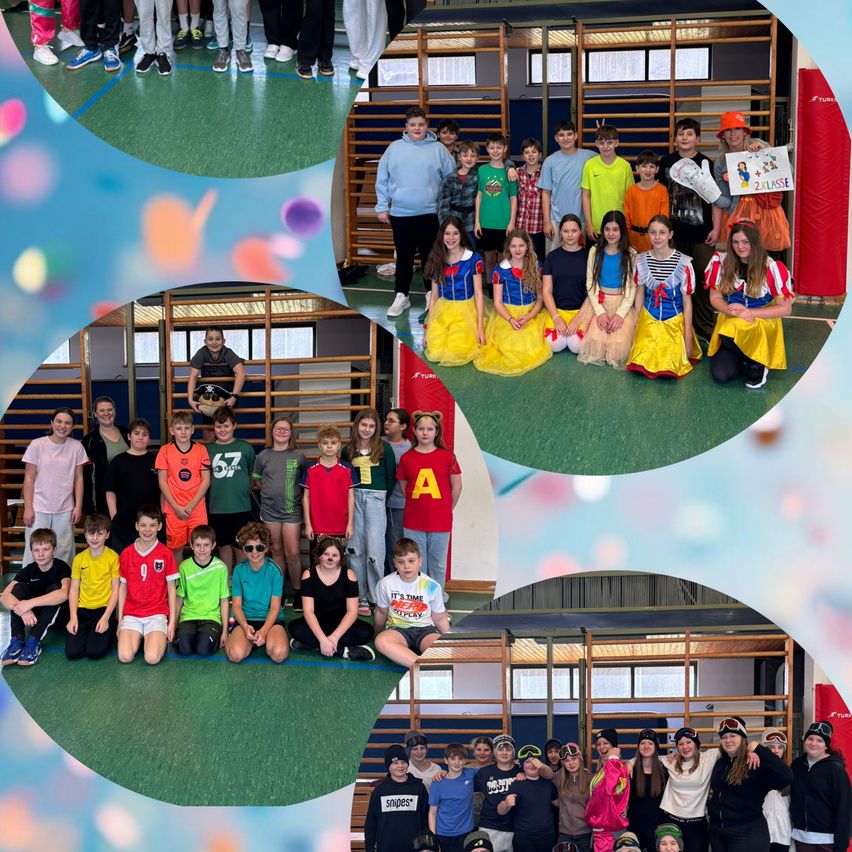 Eine Collage von Fotos, die eine Gruppe junger Menschen in verschiedenen Kostümen zeigt. Ein Foto zeigt ein Mädchen in einem roten Umhang. Ein anderes Foto zeigt eine Gruppe von Kindern in bunten Kostümen.