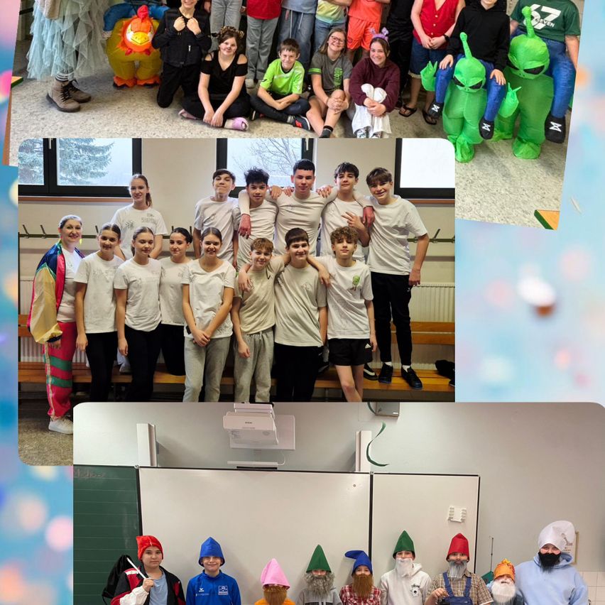 Eine Collage von Fotos mit Gruppen junger Menschen in verschiedenen Kostümen. Das erste Foto zeigt eine Gruppe in einem Klassenzimmer, einige in Alien-Kostümen. Das zweite Foto zeigt eine Gruppe in weißen Hemden, die zusammenstehen. Das dritte Foto zeigt eine Gruppe von Menschen in Elfen-Kostümen.