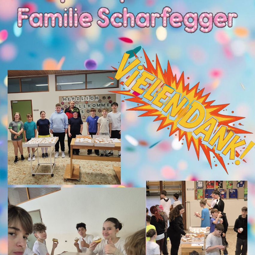 Eine Collage von Fotos einer Feier mit der Familie Scharfegger, bei der Schüler Donuts halten, lächeln und Essen an einem Tisch genießen. Das oberste Foto zeigt eine Gruppe von Schülern mit Kartons voller Donuts.