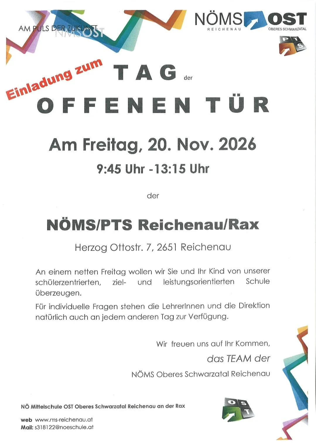 Eine Einladung zum Tag der offenen Tür an der NOMS/PTS Reichenau/Rax Schule am Freitag, 20. November 2026, von 9:45 Uhr bis 13:15 Uhr.