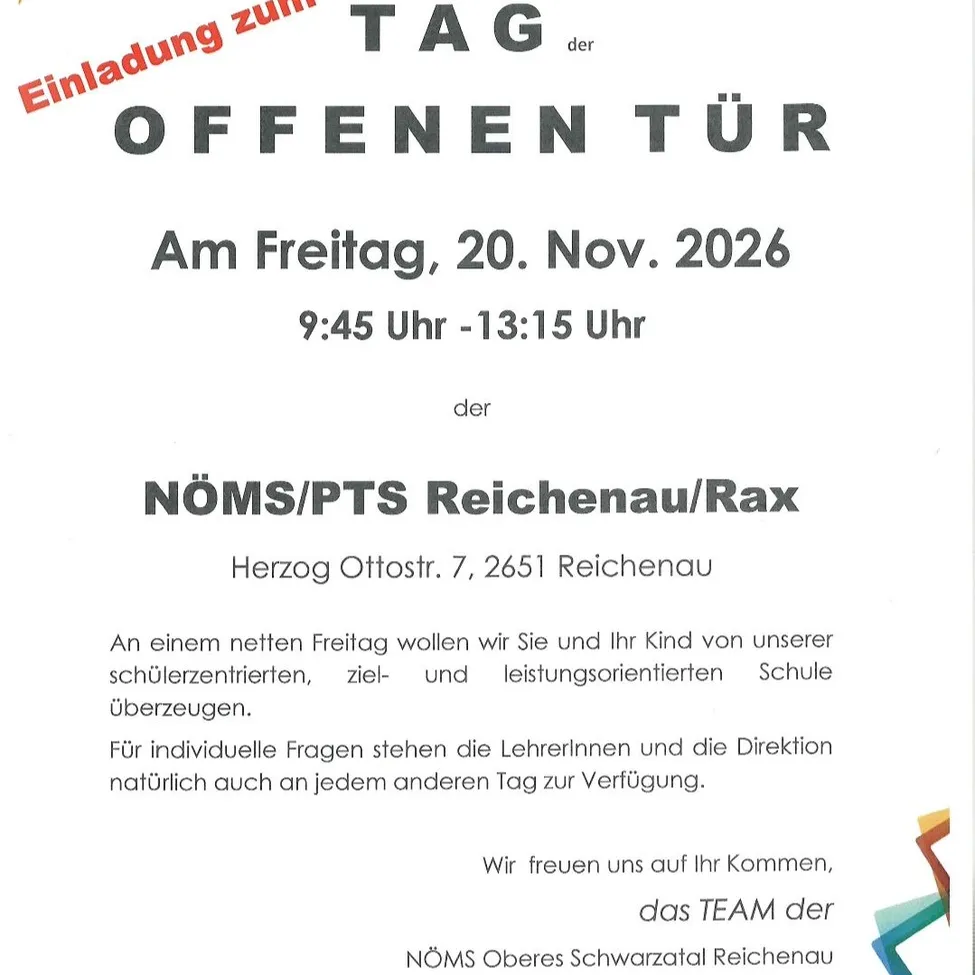 Eine Einladung zum Tag der offenen Tür an der NOMS/PTS Reichenau/Rax Schule am Freitag, 20. November 2026, von 9:45 Uhr bis 13:15 Uhr.