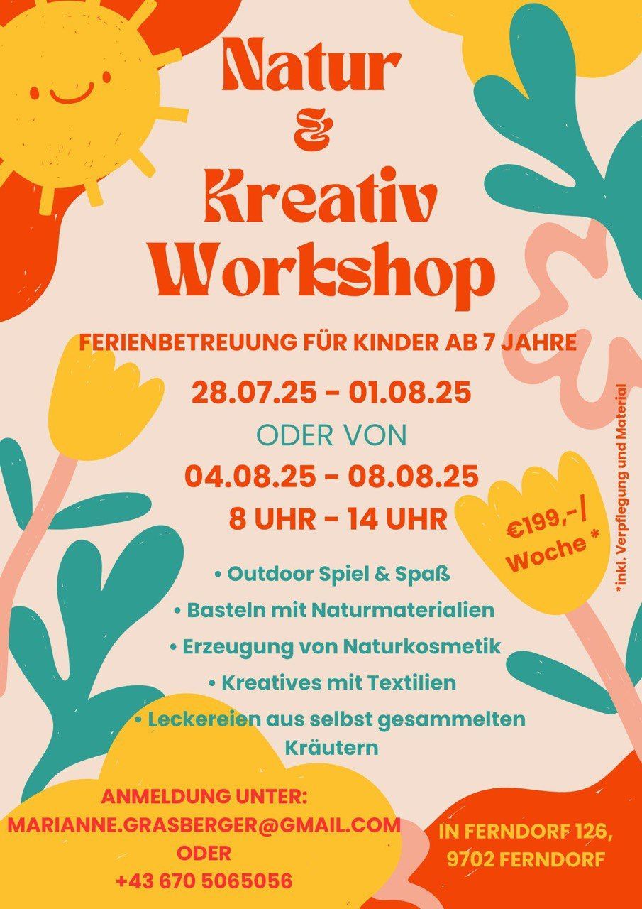 Ein Kreativworkshop für Kinder ab 7 Jahren mit Outdoor-Spielen, Basteln mit Naturmaterialien, Herstellung von Naturkosmetik, Textilarbeiten und Kochen mit selbstgesammelten Kräutern. Läuft vom 28.07.25 bis 01.08.25 oder 04.08.25 bis 08.08.25, 8 Uhr bis 14 Uhr. Kosten 199 € pro Woche.