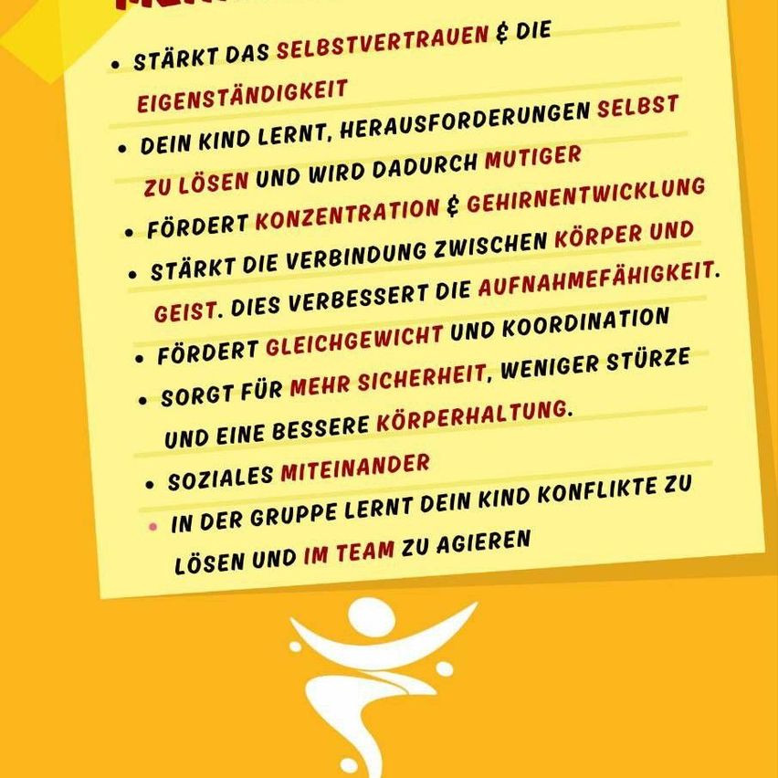 A poster with yellow background, lists benefits of a sport activity for children, such as boosting self-confidence, improving concentration, and fostering teamwork skills.