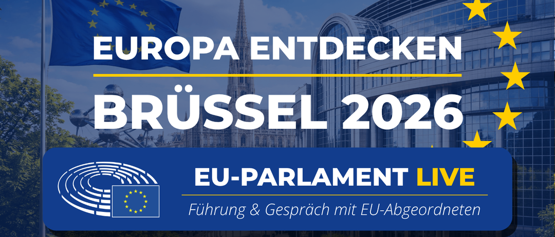 Plakat für eine Reise nach Brüssel mit dem Europäischen Parlament. Termine: 10.-13. Oktober 2026. Abflug Wien 09:25. Beinhaltet Flug, Transfers, Hotel, Frühstück, Stadtführung und optionale Aktivitäten. Preis: 628 Euro. Kontakt für Buchung: oevp.kobersdorff@gmail.com, 0664 8165725.