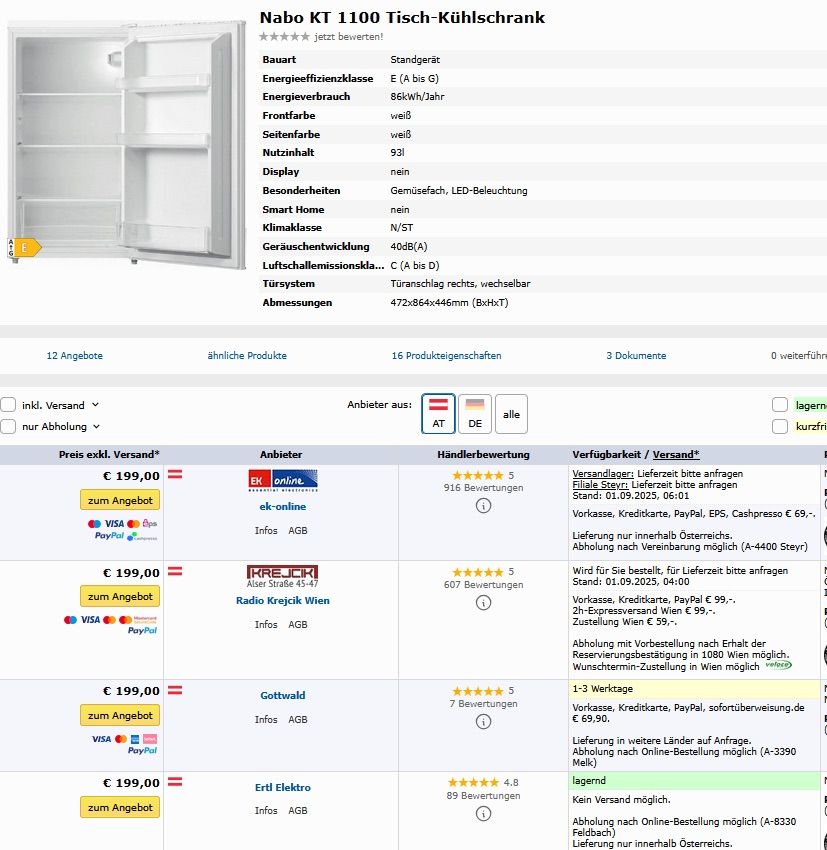 Produktdetails für Nabo KT 1100 Tisch-Kühlschrank. Energieeffizienzklasse E, Energieverbrauch 86 kWh/Jahr. Weiße Front, weiße Tür. Fassungsvermögen 93L. Kein Display. Smart Home nicht verfügbar. Klimaklasse N/ST. 40dB, ABIS D. Rechter Türöffnung, umkehrbar. Abmessungen 472x864x446mm.