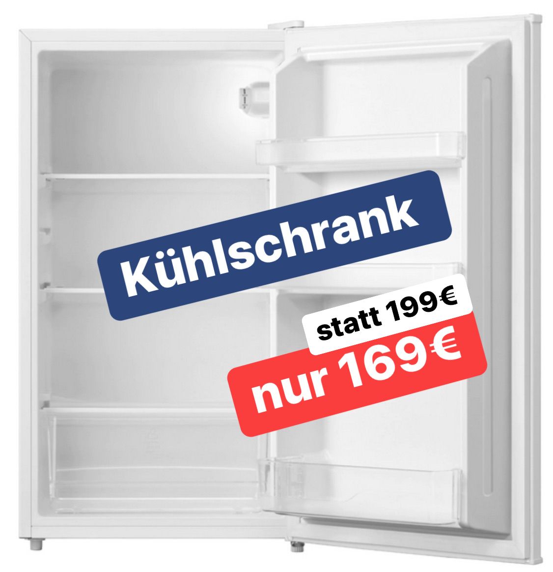 Ein leerer weißer Kühlschrank mit einem blauen Aufkleber mit der Aufschrift 'Kühlschrank' und einem roten Aufkleber mit der Aufschrift 'statt 199€ nur 169€'.