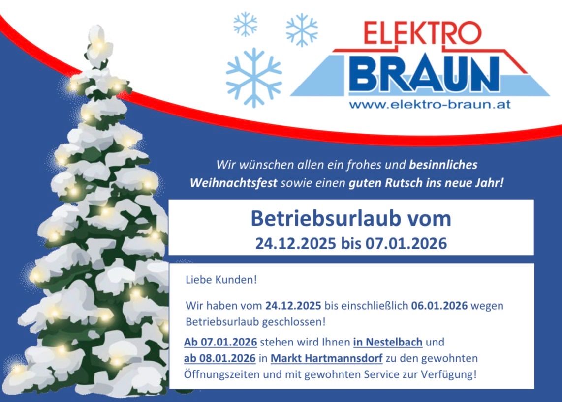 Mitteilung über Betriebsurlaub vom 24.12.2025 bis 07.01.2026. Geschlossen vom 24.12.2025 bis 06.01.2026. Wiedereröffnung am 07.01.2026 in Nestelbarch und am 08.01.2026 in Markt Hartmannsdorf.