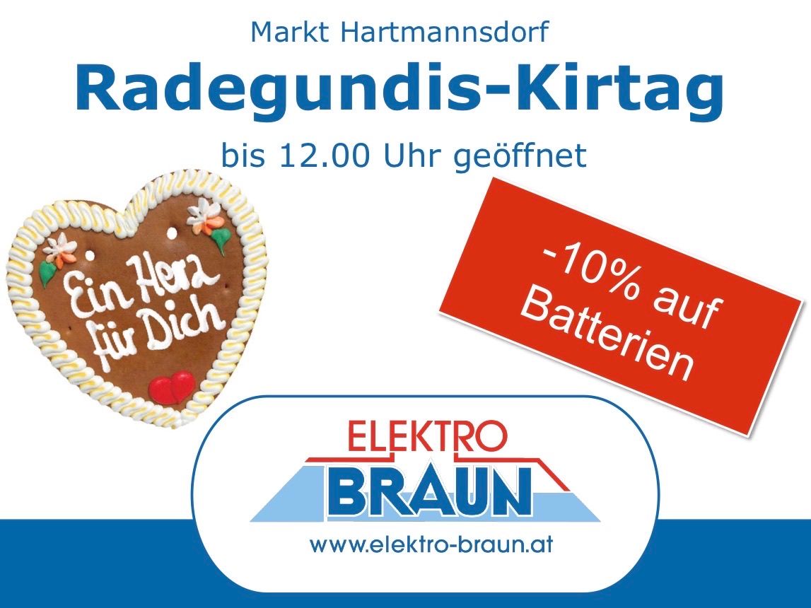 Eine Werbung für den Hartmannsdorfer Markt mit einem herzförmigen Kuchen mit den Worten 'In Herz für Dich' und einem Rabattangebot von -10% auf Batterien. Der Markt ist bis 12:00 Uhr geöffnet.