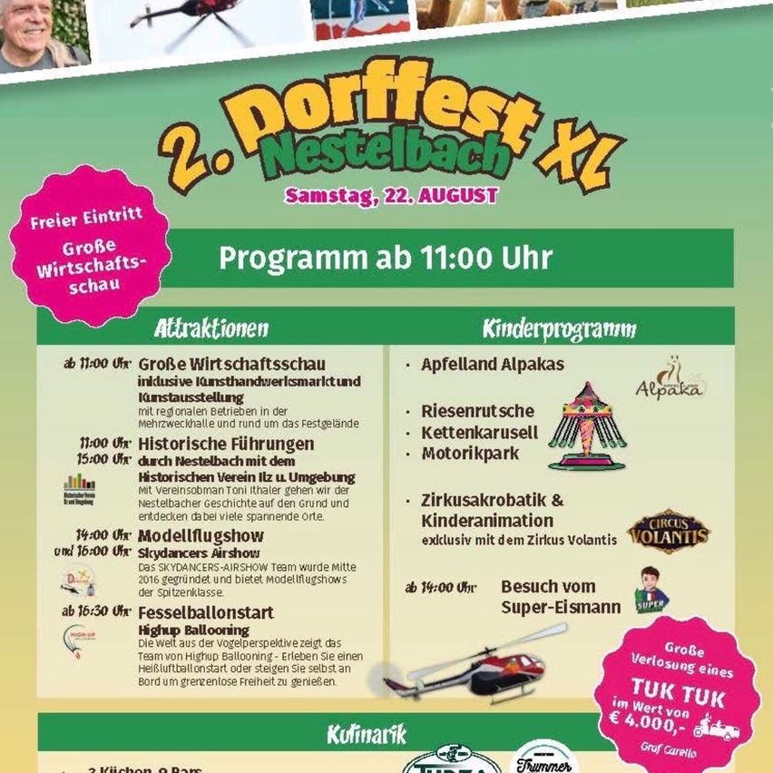 Plakat für das 2. Nestelbbach XL Festival am 22. August. Bietet ein Programm mit Attraktionen, darunter eine große Wirtschaftsausstellung, historische Führungen, eine Modellflugshow und ein Heißluftballonstart. Beinhaltet auch ein Kinderprogramm mit Aktivitäten wie das Füttern von Alpakas und einem Motorpark.