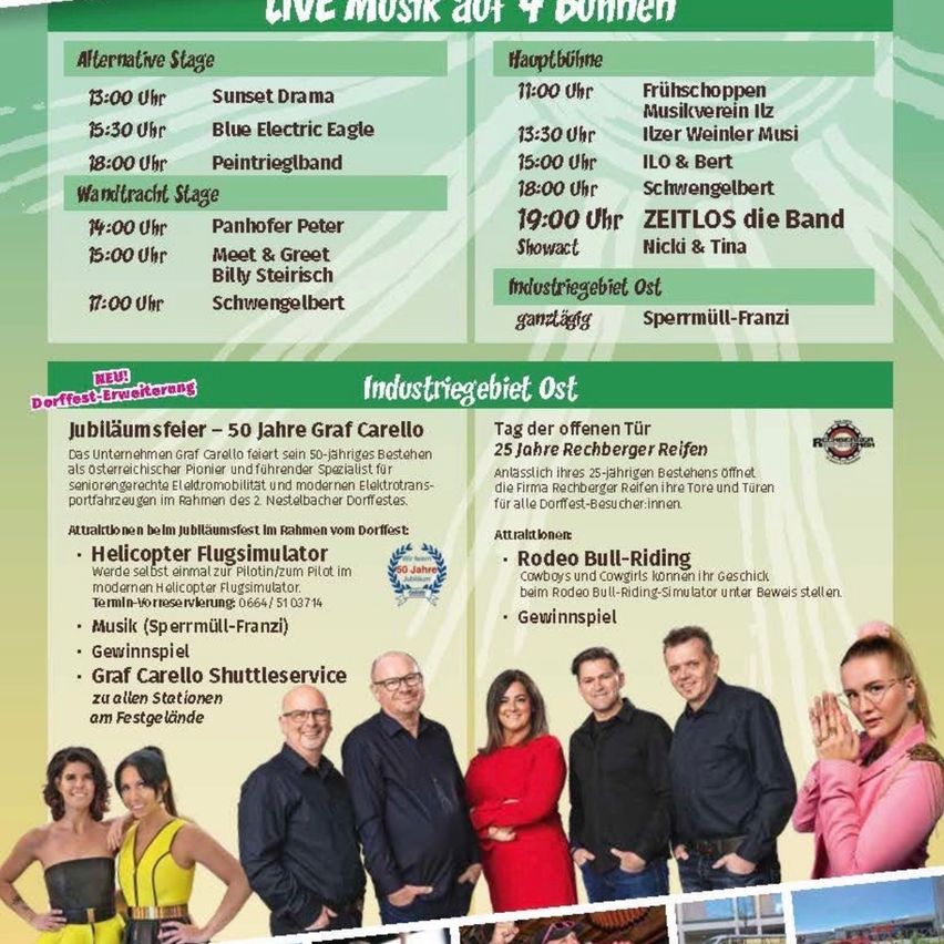 Ein Plakat für ein Musikfestival mit verschiedenen Bands, die auf verschiedenen Bühnen auftreten. Das Plakat enthält einen Zeitplan der Auftritte, eine Liste der Attraktionen und eine Beschreibung des Events. Das Plakat zeigt auch eine Gruppe von Menschen in formeller Kleidung.