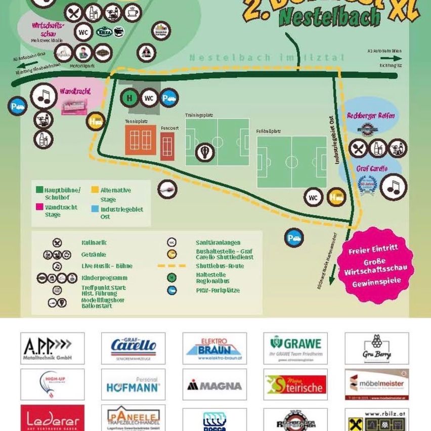 Eine Karte des 2. Nestelbach XL Events mit verschiedenen Einrichtungen und Aktivitäten wie Hauptbühne, alternative Bühne, Industriebühne und mehr. Es enthält Symbole für verschiedene Annehmlichkeiten und Sponsoren.