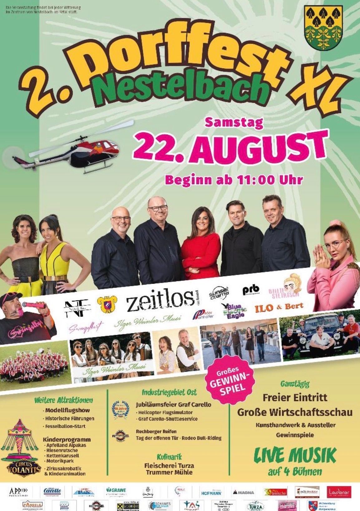 Plakat für die 2. Nestebach-Veranstaltung am 22. August mit einem Gruppenfoto von Menschen, einem Hubschrauber und verschiedenen Attraktionen wie einem Modellflugshow, historischen Flügen und einem freien Eintritt.