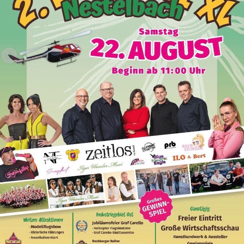 Plakat für die 2. Nestelbach Xl Veranstaltung am 22. August mit einer Gruppe von Menschen, einem Hubschrauber und verschiedenen Attraktionen.
