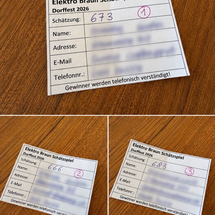 Eine Collage aus drei Bildern, die ein Formular mit persönlichen Angaben und einer Nummer zeigen. Das erste Bild hat die Nummer 673, das zweite hat 666 und das dritte hat 683. Jedes Formular enthält Felder für Name, Adresse, E-Mail und Telefonnummer. Der Text 'Elektro Braun Schatzspiel Dorffest 2026' ist auf allen Formularen sichtbar.