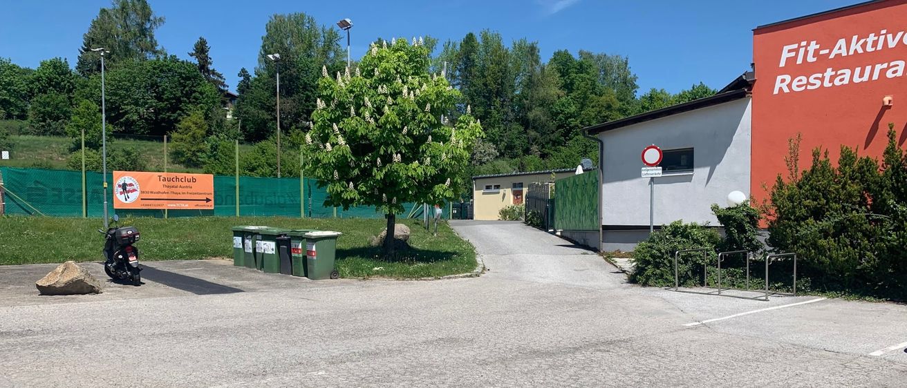 Eine leere Straße mit grünen Mülleimern, einem Baum und einem Schild an einem Gebäude. Im Hintergrund befinden sich ein Zaun, Bäume und ein Gebäude unter einem klaren Himmel.