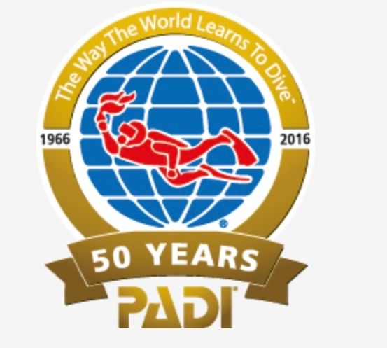 Ein kreisförmiges Logo für den 50. Geburtstag von PADI, das einen Taucher in einem gelben Kreis mit blauer Kugel zeigt, datiert von 1966 bis 2016.