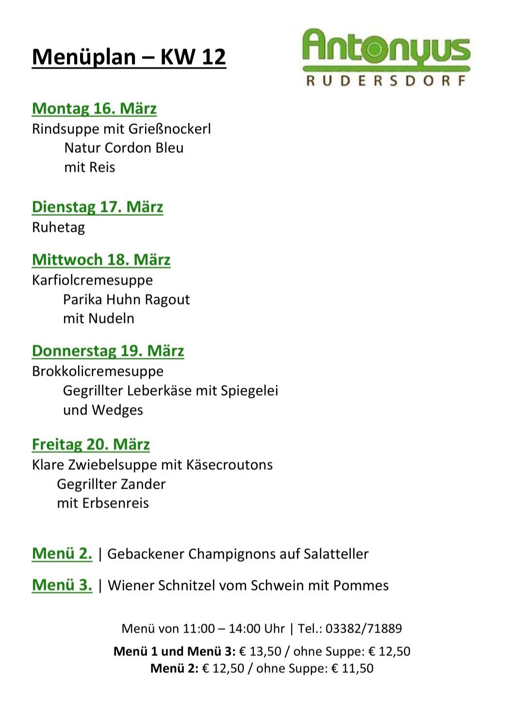 Ein Menü für den 16. bis 20. März mit verschiedenen Gerichten: Montag hat Rindersuppe, Dienstag ist ein Ruhetag, Mittwoch hat Garnelencremesuppe, Donnerstag hat Brokkolicremesuppe mit gegrillter Leber, und Freitag hat doppelte Bohnensuppe. Menü 2 und 3 sind ebenfalls aufgeführt.