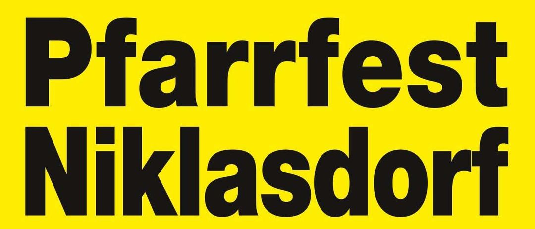 Ein gelbes Plakat kündigt einen Gottesdienst mit dem Gesangskreis Niklasdorf am 27. Juli 2025 um 10:00 Uhr an. Darauf folgt ein Grillfest. Die Niklasdorfer Werkskapelle wird auftreten.