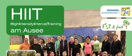 Ein Flyer über einen Fitnesskurs namens HIIT. Es zeigt ein Gruppenfoto der Teilnehmer und erwähnt Kursdaten, Anmeldedetails und eine Gebühr.
