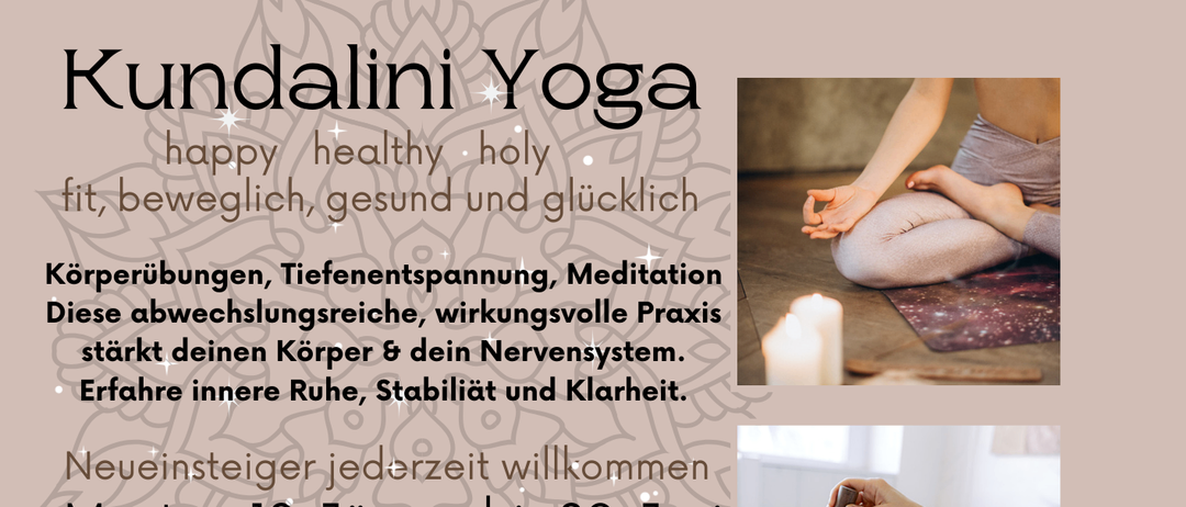 Plakat bewirbt Kundalini Yoga und Kinderyoga-Sitzungen. Beinhaltet Yoga-Posen, Meditation und einen Zeitplan vom 12. Januar bis 29. Juni. Benötigt Matten, Sitzkissen und bequeme Kleidung. Preislich mit 1 Einheit €12. Von Irene Schneider veranstaltet.
