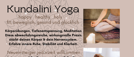 Plakat bewirbt Kundalini Yoga und Kinderyoga-Sitzungen. Beinhaltet Yoga-Posen, Meditation und einen Zeitplan vom 12. Januar bis 29. Juni. Benötigt Matten, Sitzkissen und bequeme Kleidung. Preislich mit 1 Einheit €12. Von Irene Schneider veranstaltet.