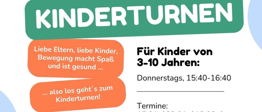 Ein Plakat für Kinderturnen zeigt Kinder auf Turngeräten. Termine und Zeiten sind aufgeführt. Ort ist Turnhalle Hauptschule, Blindenmarkt. Preis ist €50.
