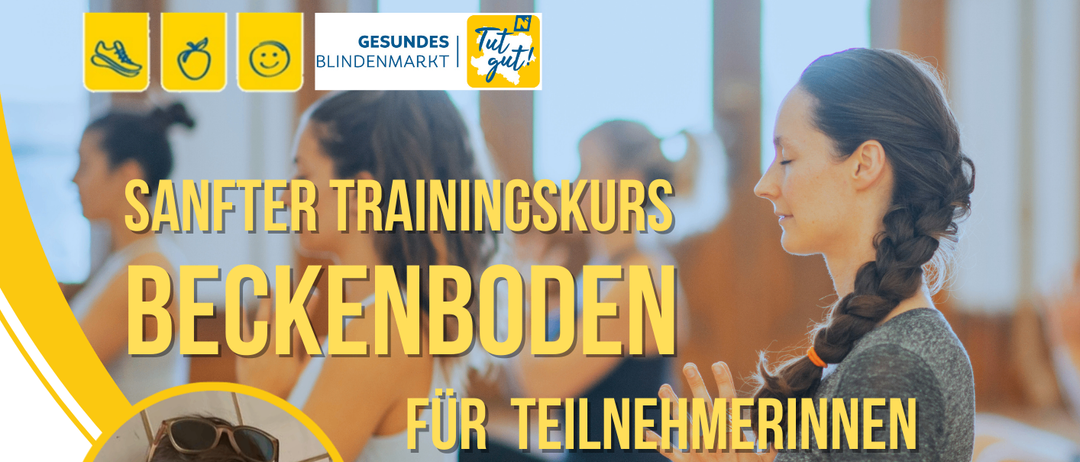 Plakat für Beckenboden-Gymnastik-Kurs von Josefa Fasching, Hebamme. Beginnt am 28. April 2026, 6 Termine. Kosten €80 pro Person. Kontaktieren Sie Martha Tiefenbacher für die Anmeldung.