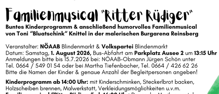 Familienmusical 'Ritter Rüdiger' mit Kinderprogramm und humorvollem Familienmusical. Samstag, 1. August 2026, Busabfahrt um 13:15 Uhr. Kinder sollten sich bis 15.7.2026 anmelden.