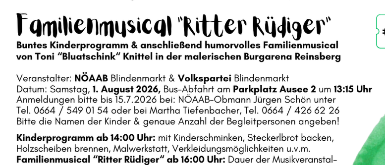 Familienmusical 'Ritter Rüdiger' mit Kinderprogramm und humorvollem Familienmusical. Samstag, 1. August 2026, Busabfahrt um 13:15 Uhr. Kinder sollten sich bis 15.7.2026 anmelden.