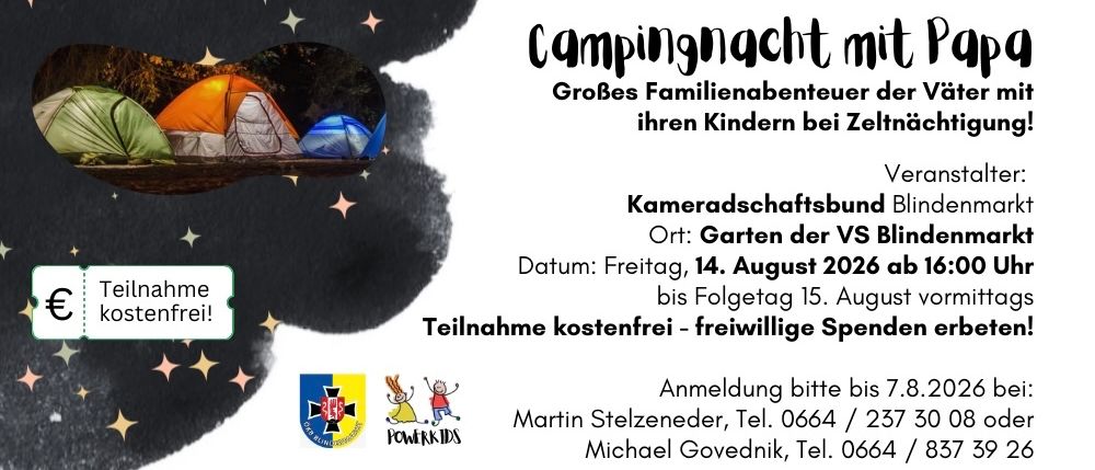 Campingnacht mit Vätern, ein Familienereignis für Kinder, kostenlose Teilnahme. Datum: Freitag, 14. August 2026 ab 16:00 Uhr. Zelte sind im Garten der Volksschule aufgestellt. Anmeldung bitte bis 7.8.2026.