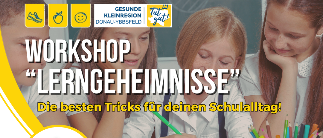 Workshop zu Lerntechniken für die Schule, geleitet von Karin Holzmann, gefördert durch die Gesundheits Kleinregion Donau-Ybbsfeld. Anmeldung für Kinder und Eltern offen. Kurs: Volksschule St. Georgen am Ybbsfeld. Ideal für Kinder ab 9 Jahren und Eltern. Termine: 2.3.2026, 9:30-11:00 Uhr oder 18:00-19:30 Uhr. Gebühren: Kinder €10, Eltern €12.
