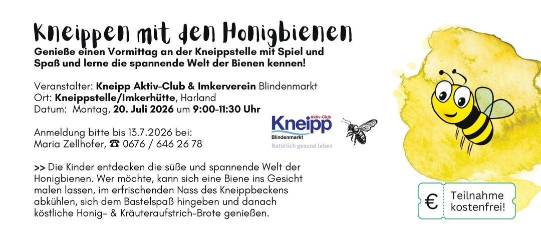 Mit den Honigbienen an der Kniepstelle mit Spiel und lerne die faszinierende Welt der Bienen kennen! Aktiv-Club & Imkerverein Blindenmarkt Uitte, Harland 2026 um 9:00-11:30 Uhr 026 bei: 646 26 78
